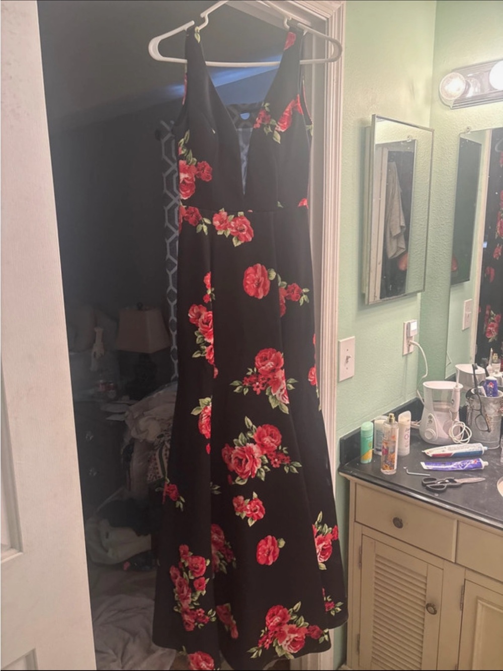 B. Smart Black Maxi Dress with Red Rose Print